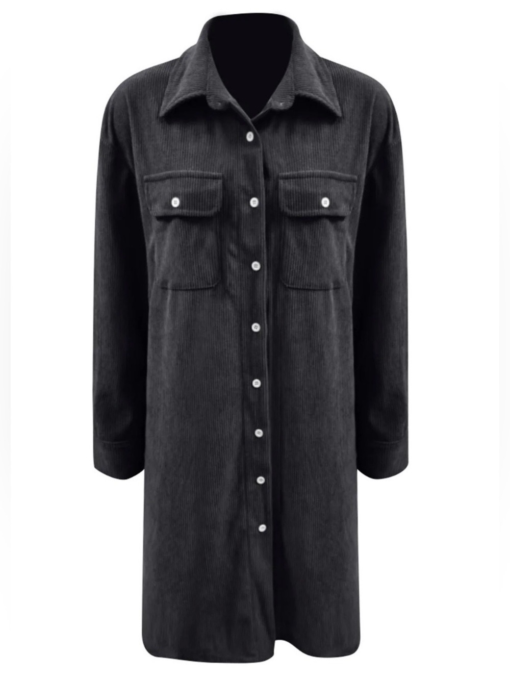 Black Corduroy Shirt Dress Long Sleeve Women - Picture 1 of 2